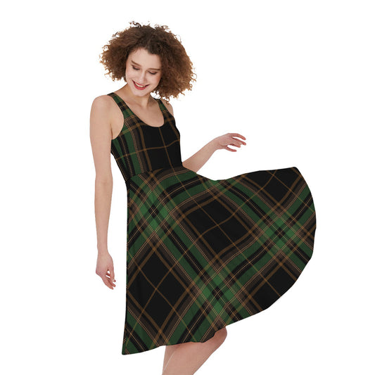 Black And Green Stewart Tartan Print Women's Sleeveless Dress