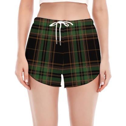 Black And Green Stewart Tartan Print Women's Split Running Shorts
