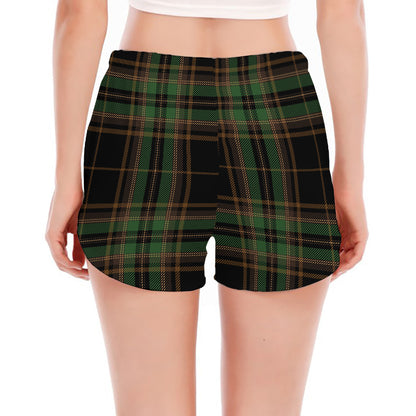 Black And Green Stewart Tartan Print Women's Split Running Shorts