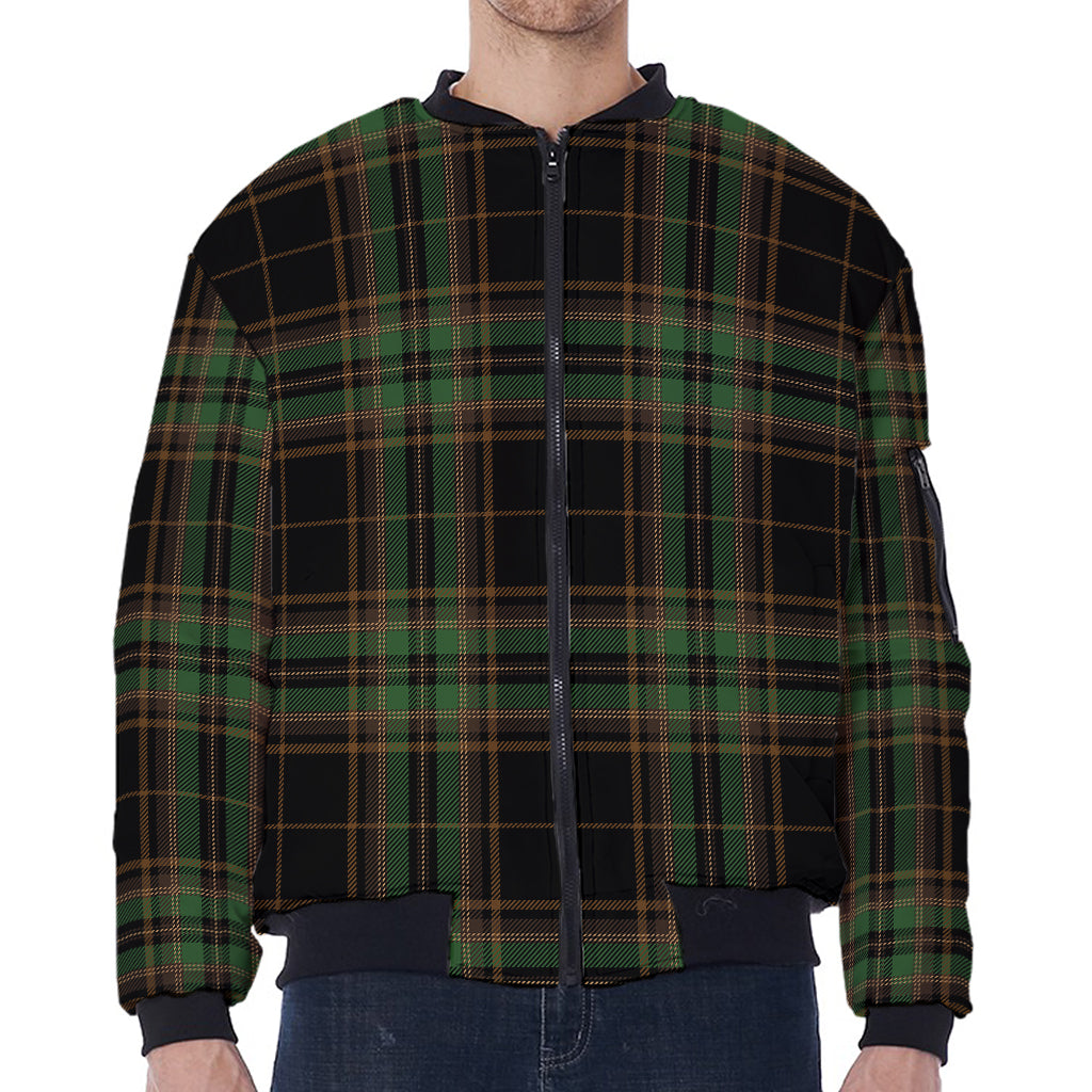 Black And Green Stewart Tartan Print Zip Sleeve Bomber Jacket