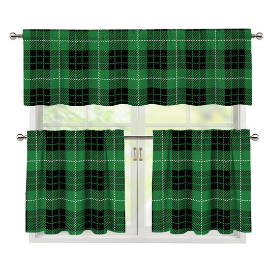 Black And Green Tartan Pattern Print 3 Piece Kitchen Curtains