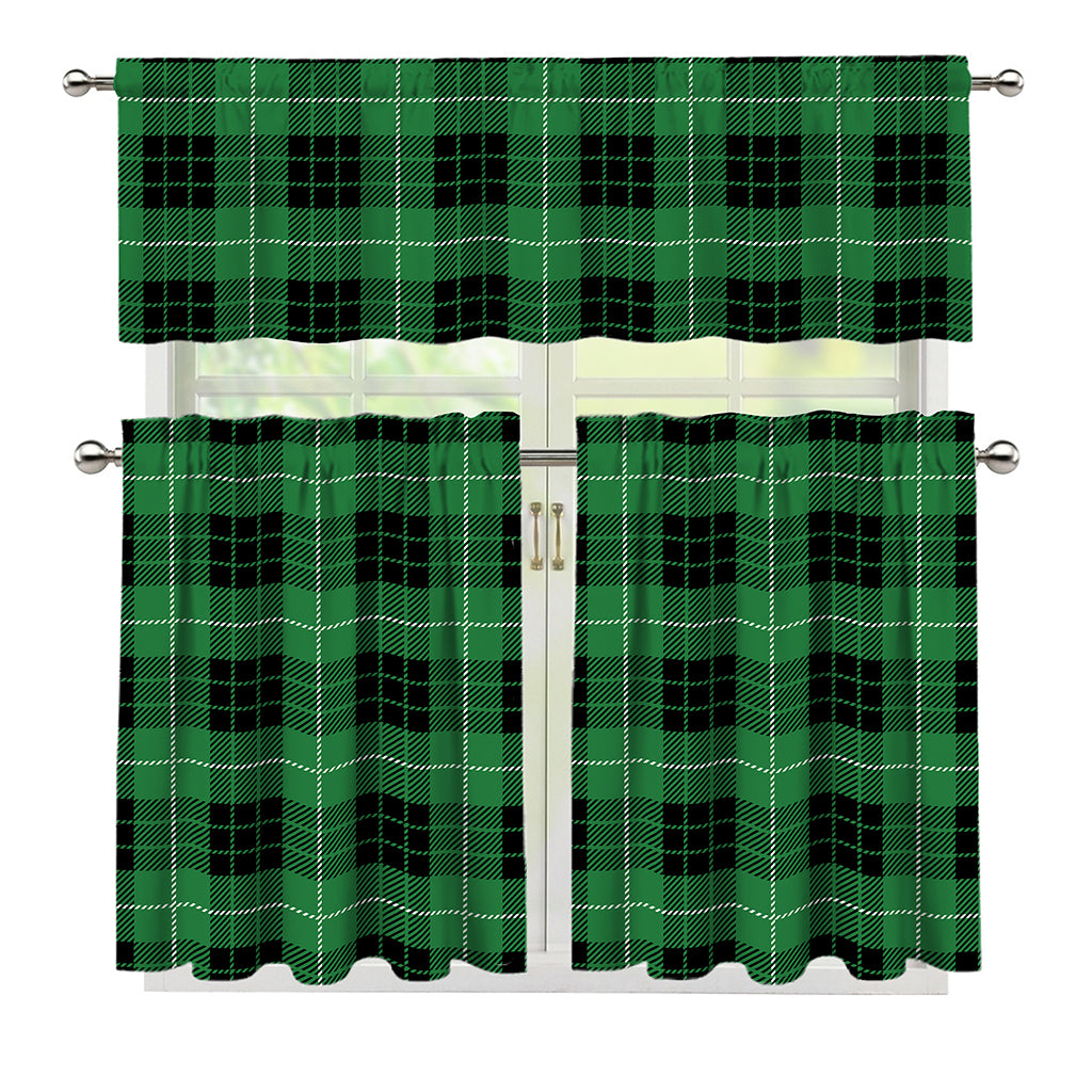 Black And Green Tartan Pattern Print 3 Piece Kitchen Curtains