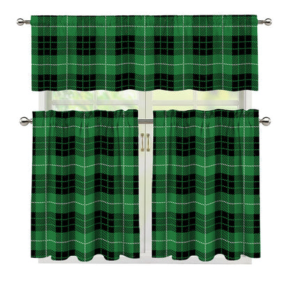 Black And Green Tartan Pattern Print 3 Piece Kitchen Curtains