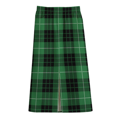 Black And Green Tartan Pattern Print Cotton Front Slit Maxi Skirt