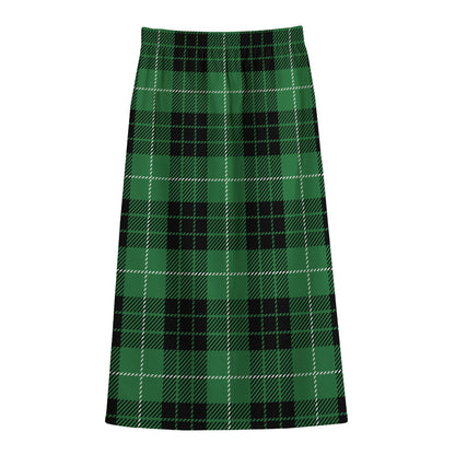 Black And Green Tartan Pattern Print Cotton Front Slit Maxi Skirt