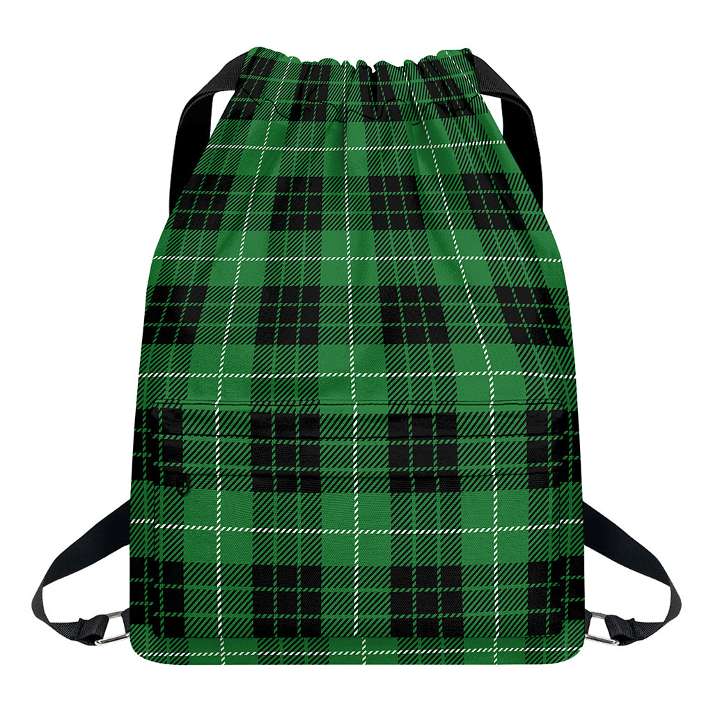 Black And Green Tartan Pattern Print Drawstring Backpack