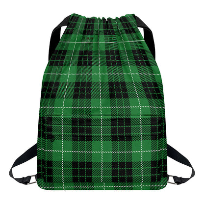 Black And Green Tartan Pattern Print Drawstring Backpack