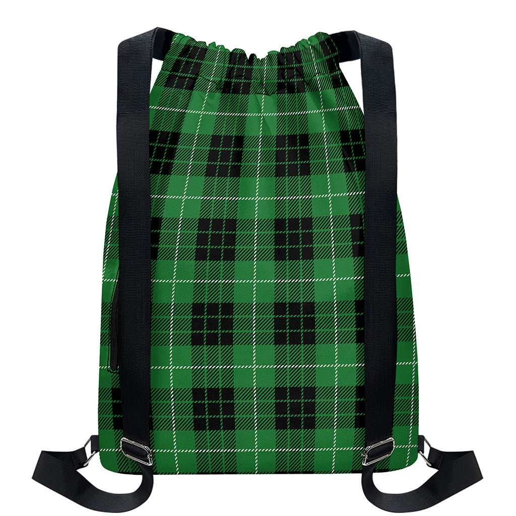 Black And Green Tartan Pattern Print Drawstring Backpack