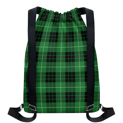Black And Green Tartan Pattern Print Drawstring Backpack