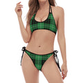Black And Green Tartan Pattern Print Halter Scoop Tie Side Bikini