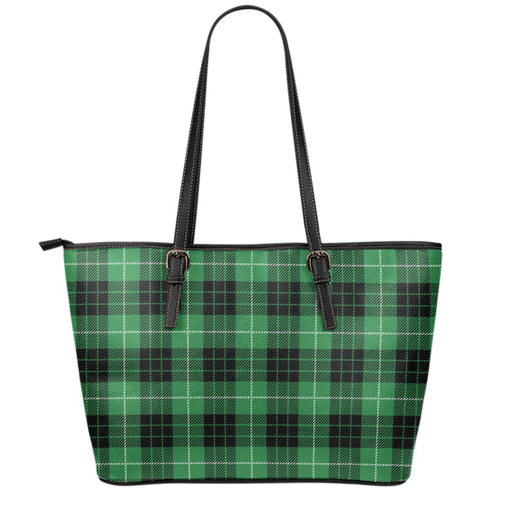 Black And Green Tartan Pattern Print Leather Tote Bag
