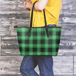 Black And Green Tartan Pattern Print Leather Tote Bag