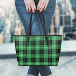 Black And Green Tartan Pattern Print Leather Tote Bag