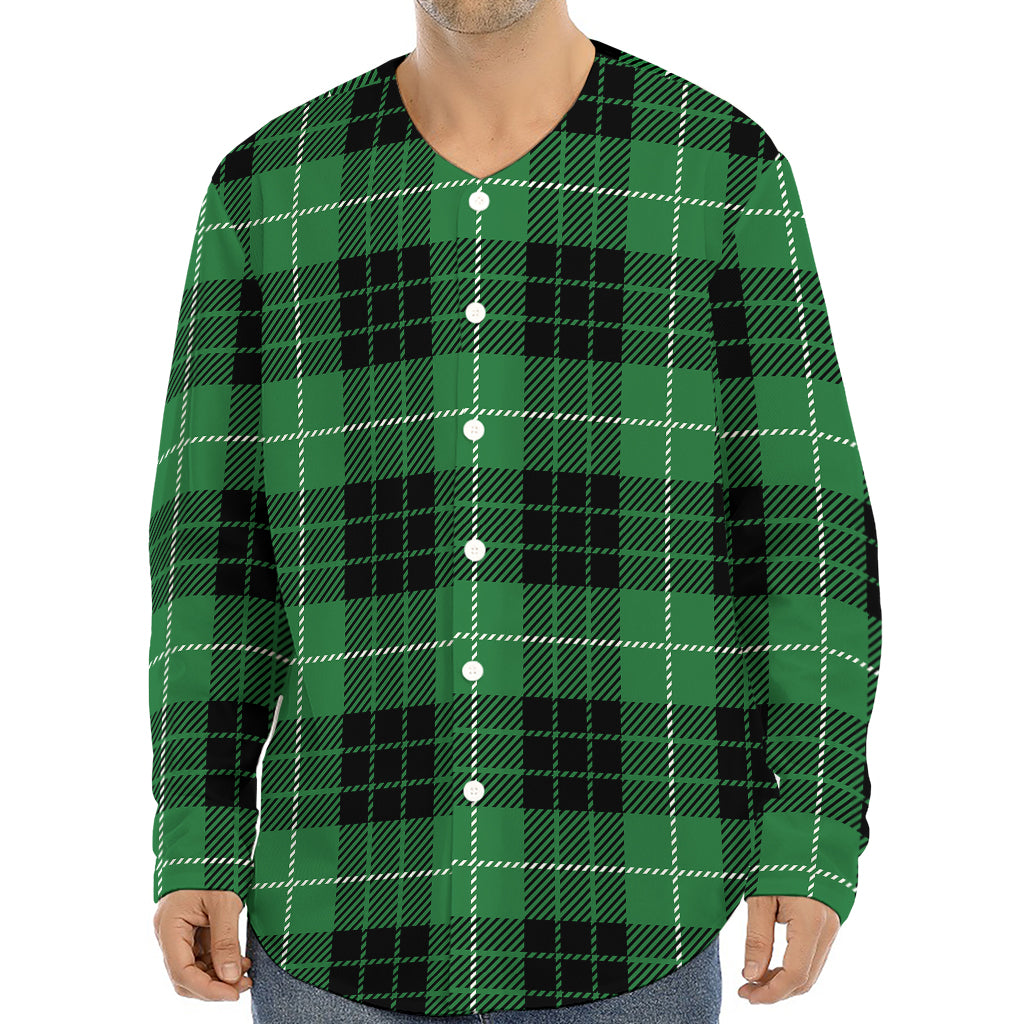 Black And Green Tartan Pattern Print Long Sleeve Baseball Jersey