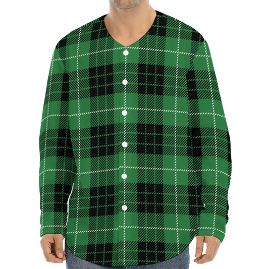 Black And Green Tartan Pattern Print Long Sleeve Baseball Jersey