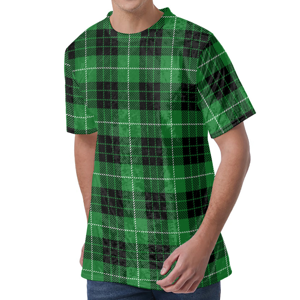 Black And Green Tartan Pattern Print Men's Velvet T-Shirt