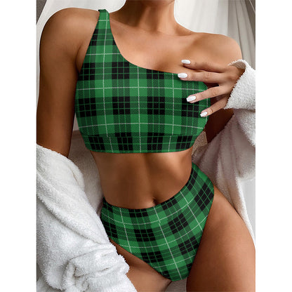 Black And Green Tartan Pattern Print One Shoulder Bikini Top