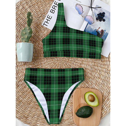 Black And Green Tartan Pattern Print One Shoulder Bikini Top