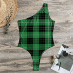 Black And Green Tartan Pattern Print One Shoulder Bodysuit