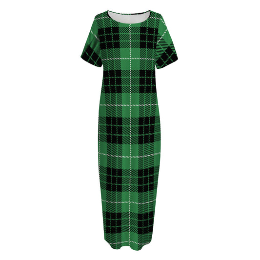 Black And Green Tartan Pattern Print Short Sleeve Long Nightdress