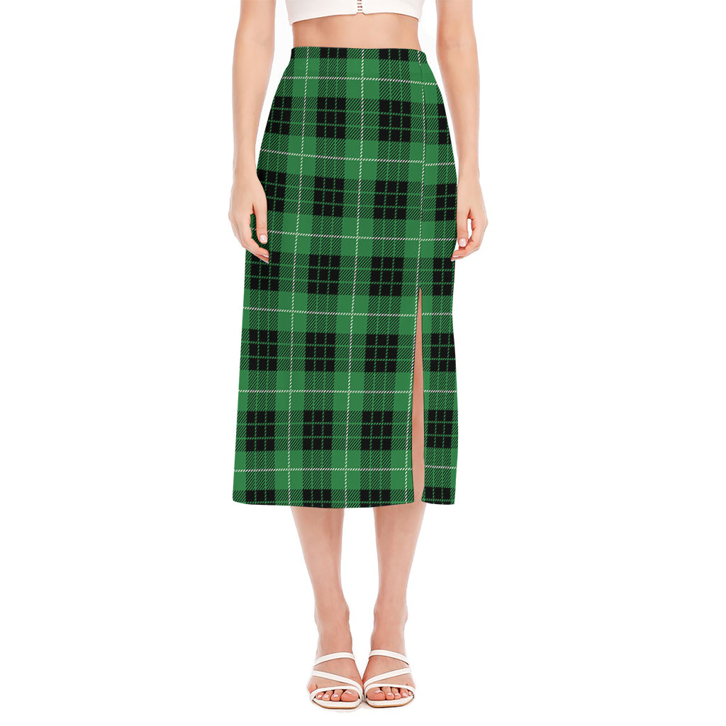 Black And Green Tartan Pattern Print Side Slit Midi Skirt