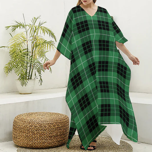 Black And Green Tartan Pattern Print Silk V-Neck Kaftan Dress