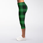 Black And Green Tartan Pattern Print Women's Capri Leggings