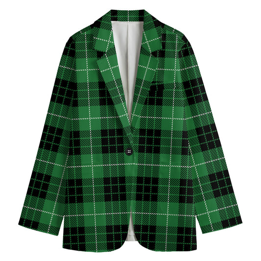 Black And Green Tartan Pattern Print Women's Cotton Blazer
