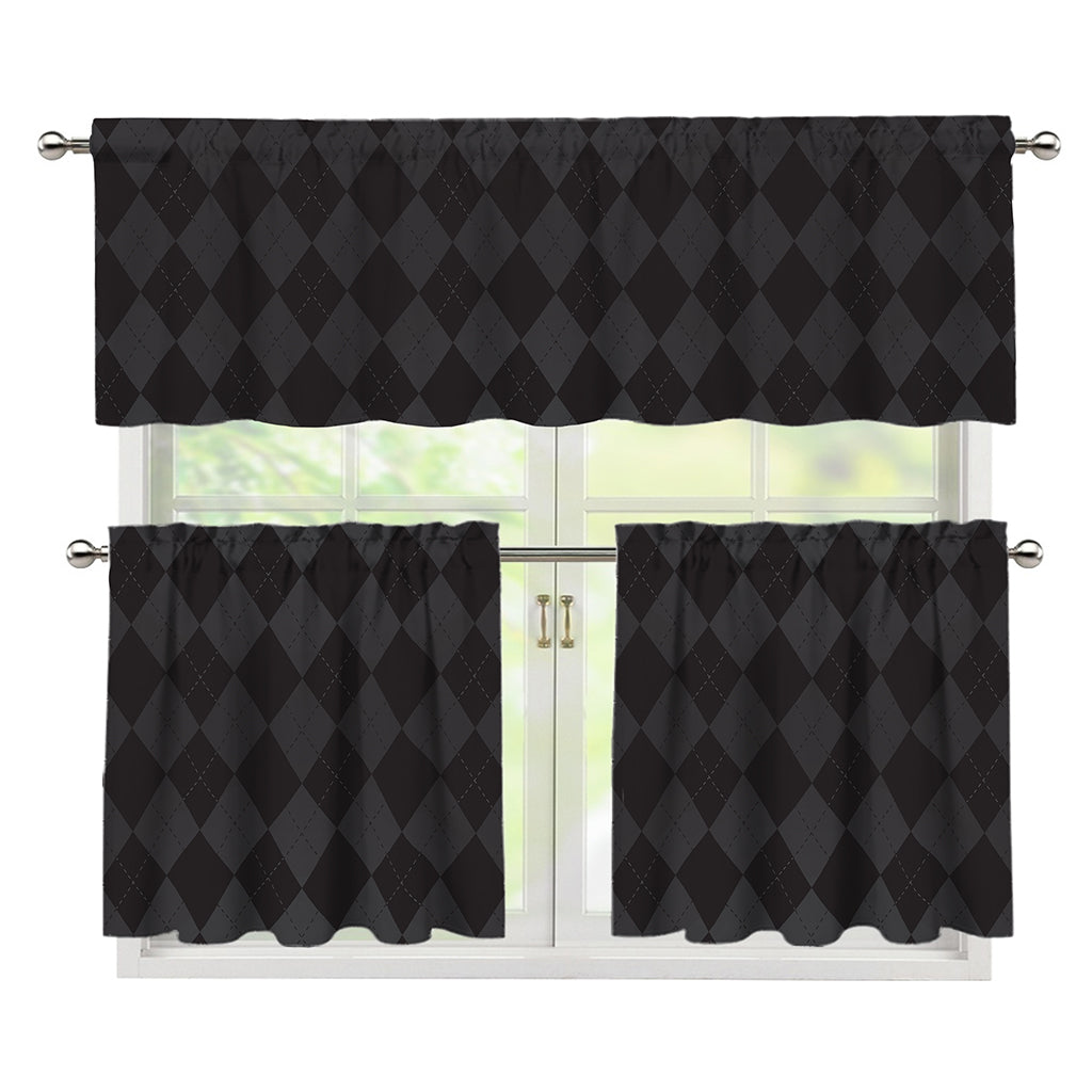 Black And Grey Argyle Pattern Print 3 Piece Kitchen Curtains