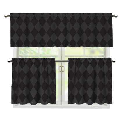 Black And Grey Argyle Pattern Print 3 Piece Kitchen Curtains