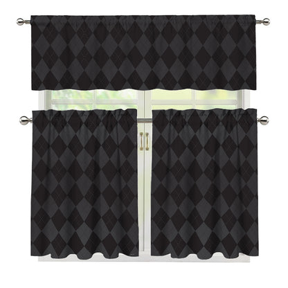 Black And Grey Argyle Pattern Print 3 Piece Kitchen Curtains
