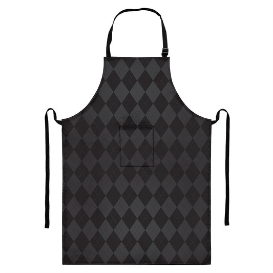 Black And Grey Argyle Pattern Print Bib Apron With Pocket