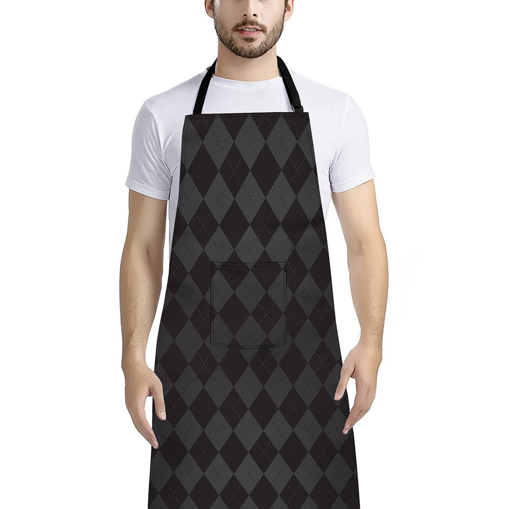 Black And Grey Argyle Pattern Print Bib Apron With Pocket