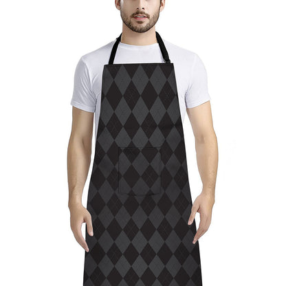 Black And Grey Argyle Pattern Print Bib Apron With Pocket