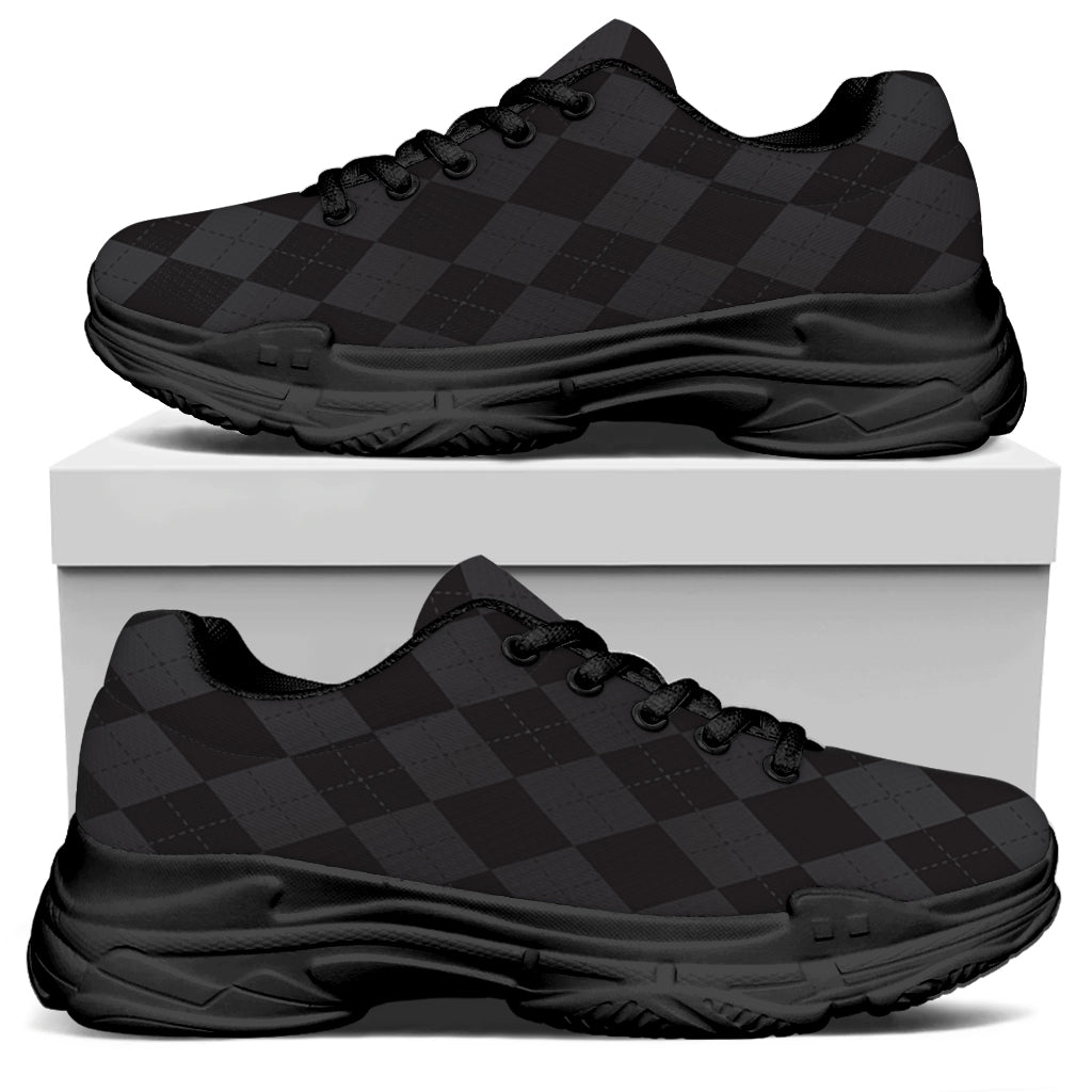 Black And Grey Argyle Pattern Print Black Chunky Shoes