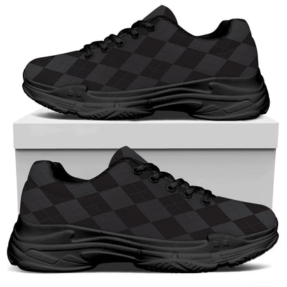 Black And Grey Argyle Pattern Print Black Chunky Shoes