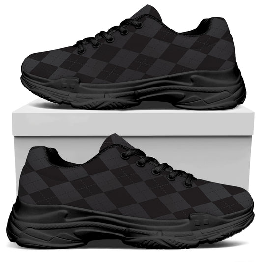 Black And Grey Argyle Pattern Print Black Chunky Shoes