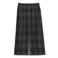Black And Grey Argyle Pattern Print Cotton Front Slit Maxi Skirt
