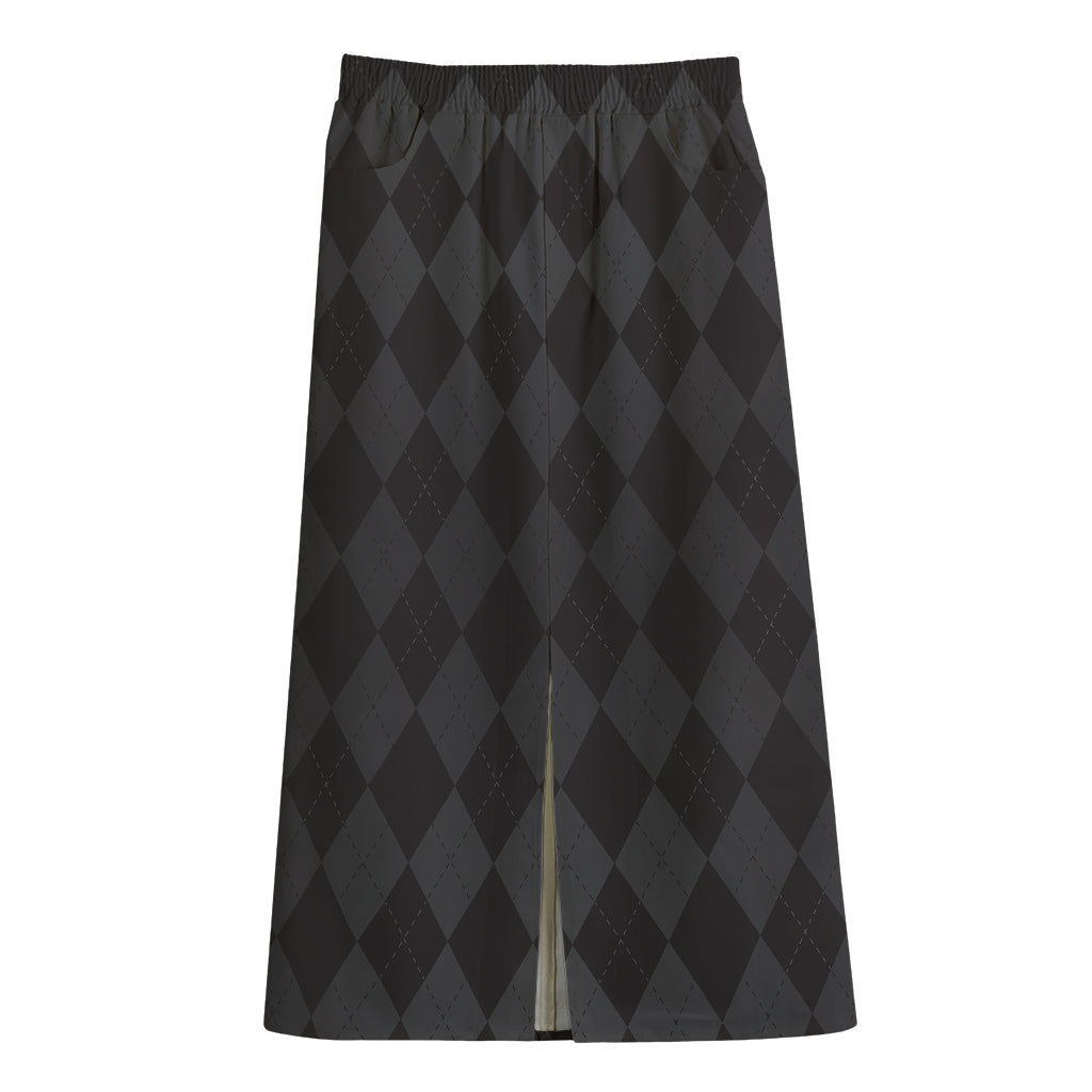 Black And Grey Argyle Pattern Print Cotton Front Slit Maxi Skirt