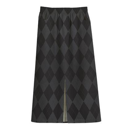 Black And Grey Argyle Pattern Print Cotton Front Slit Maxi Skirt