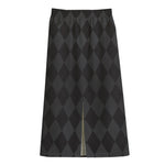 Black And Grey Argyle Pattern Print Cotton Front Slit Maxi Skirt