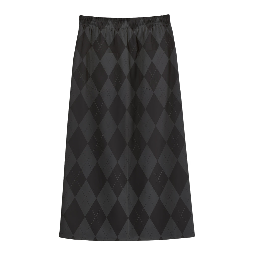 Black And Grey Argyle Pattern Print Cotton Front Slit Maxi Skirt