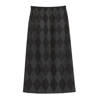 Black And Grey Argyle Pattern Print Cotton Front Slit Maxi Skirt