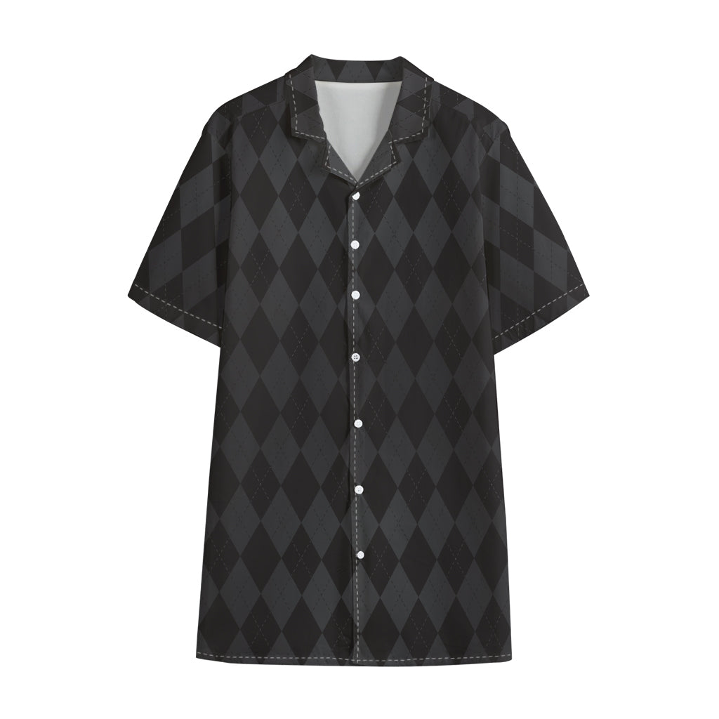 Black And Grey Argyle Pattern Print Cotton Hawaiian Shirt