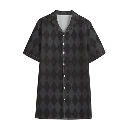 Black And Grey Argyle Pattern Print Cotton Hawaiian Shirt