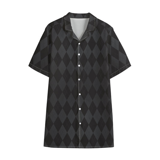 Black And Grey Argyle Pattern Print Cotton Hawaiian Shirt