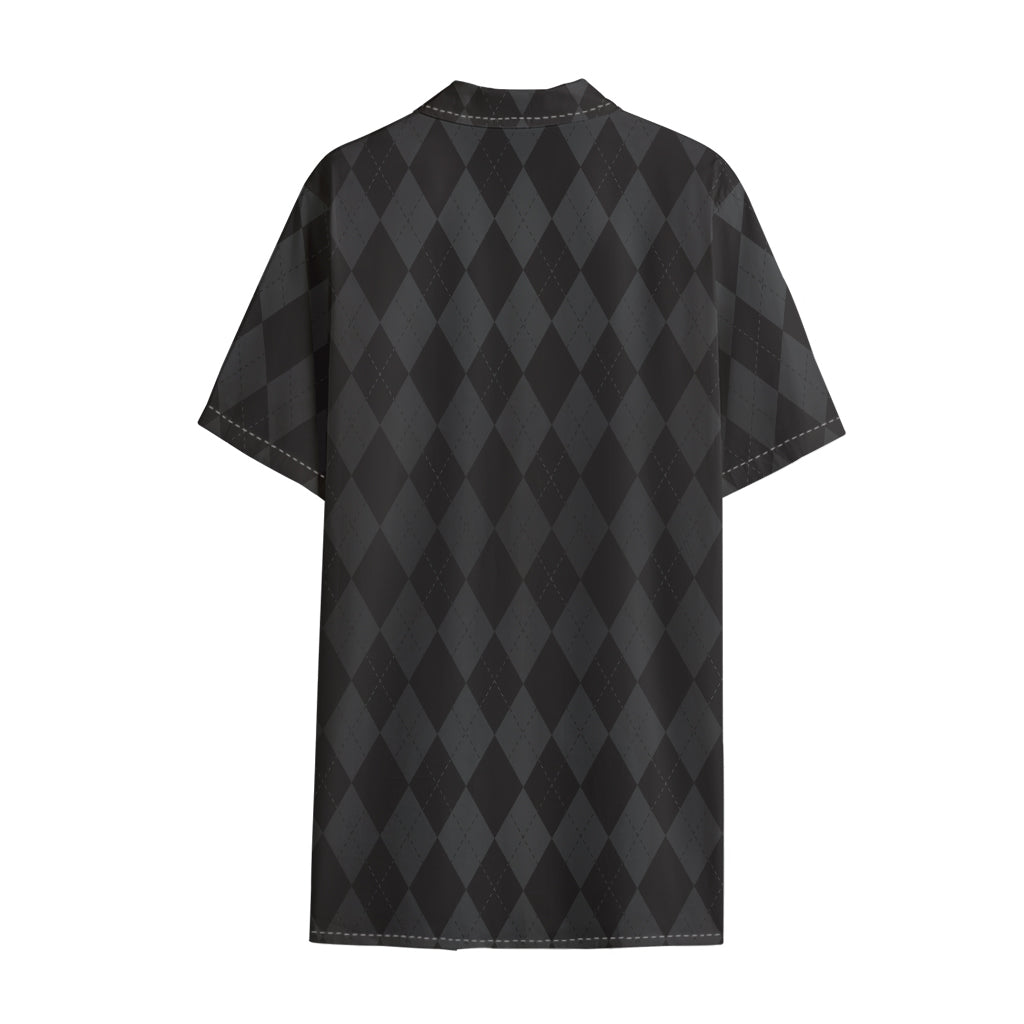 Black And Grey Argyle Pattern Print Cotton Hawaiian Shirt