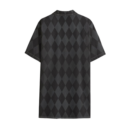 Black And Grey Argyle Pattern Print Cotton Hawaiian Shirt