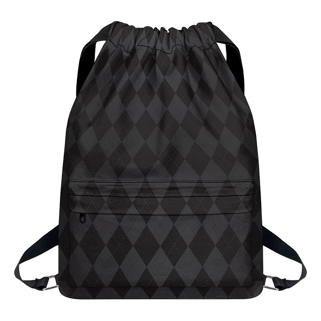 Black And Grey Argyle Pattern Print Drawstring Backpack