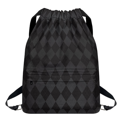 Black And Grey Argyle Pattern Print Drawstring Backpack